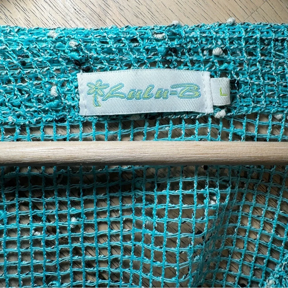 LULU B Sz Large Aqua‎ Mesh Short Sleeve Oversized Cardigan w/Huge Buttons Beachy